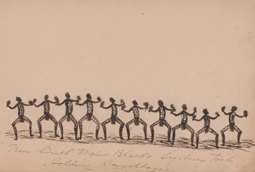 Kwatkwat - Schwarze Menschen aus New South Wales - der Stamm von Sydney hält ein Corroboree ab - Skizzenbuch über Aktivitäten der Aborigines